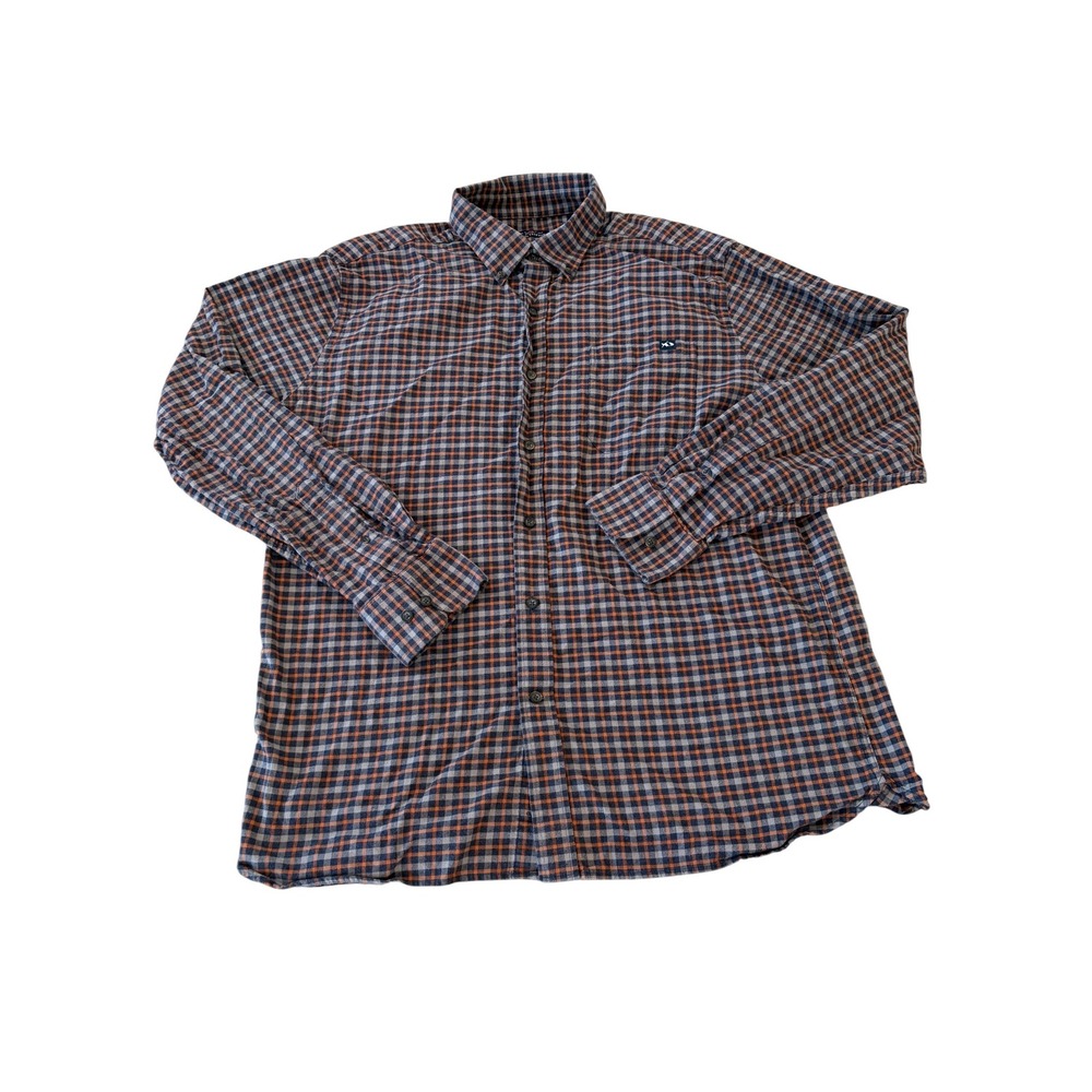 Fish Hippie Flannel Shirt Mens XL Blue Orange Plaid Button Down Stretch Cotton